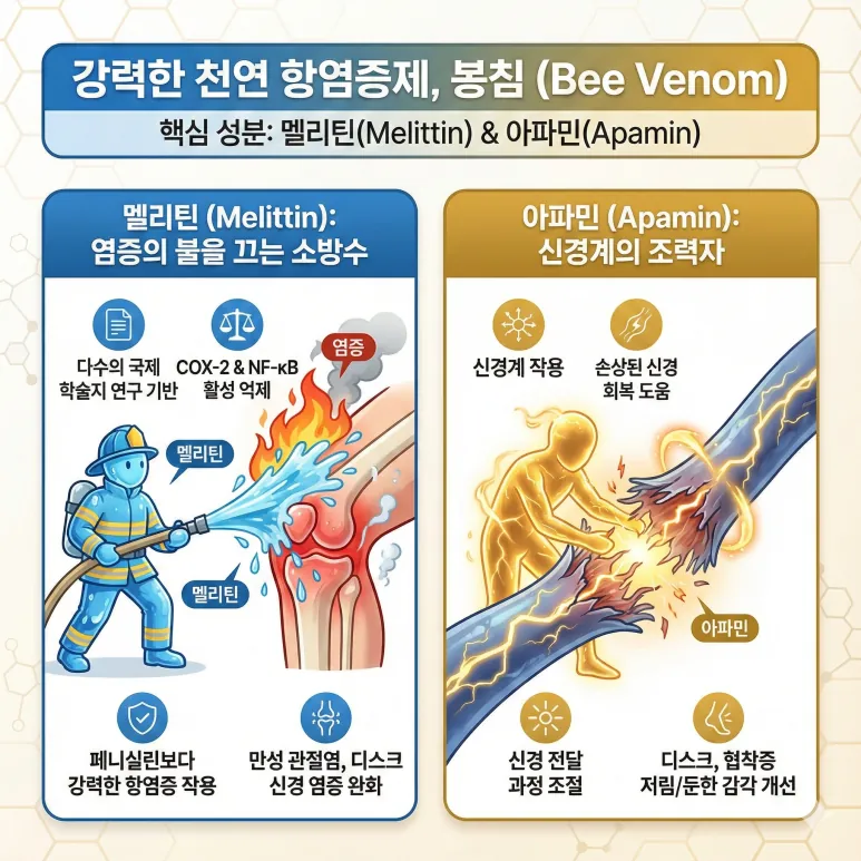 봉침 핵심 성분 - 멜리틴과 아파민의 작용 기전