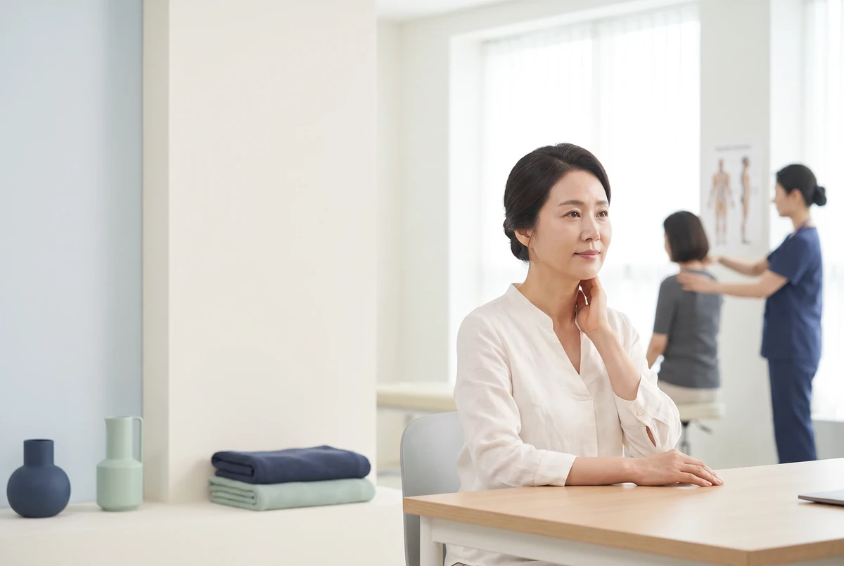목·경추 회복 상담을 표현한 의료 시각 이미지