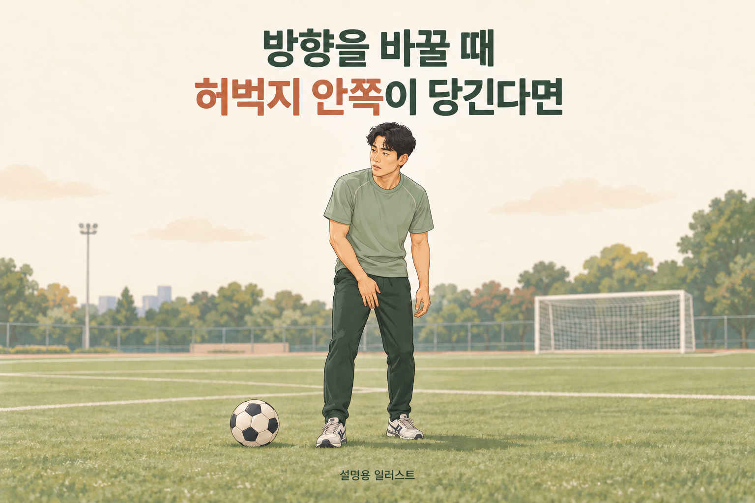 방향을 바꿀 때 느껴지는 허벅지 안쪽의 불편을 살펴봅니다 · 설명용 일러스트
