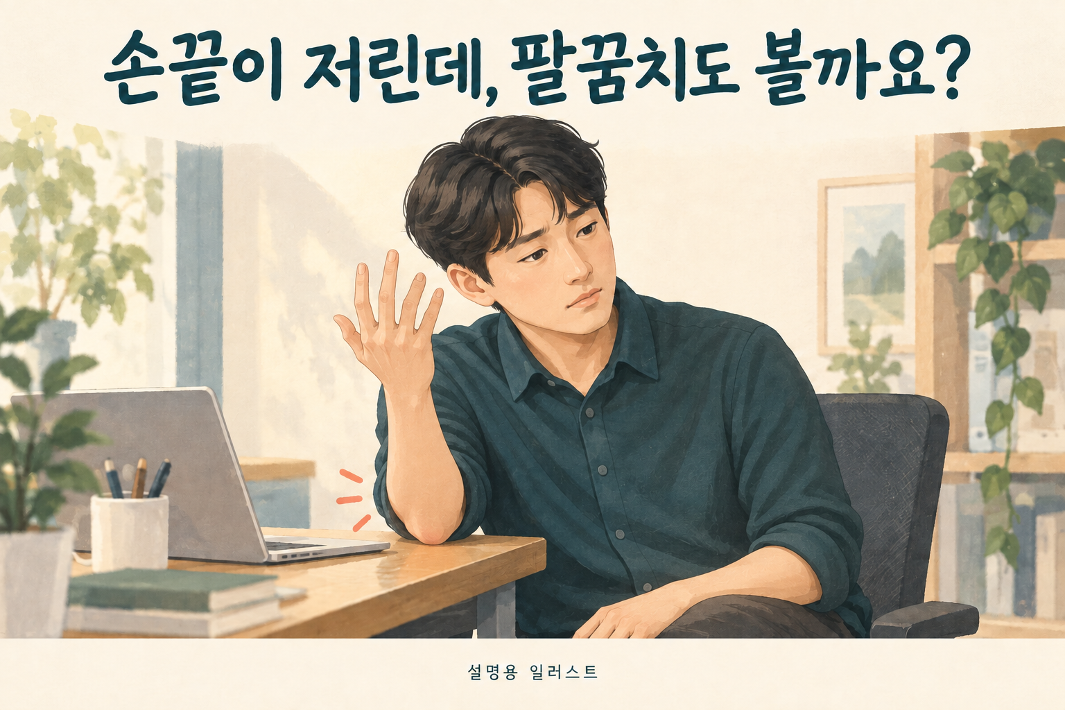 손끝의 저림과 팔꿈치 자세를 함께 살펴봅니다 · 설명용 일러스트
