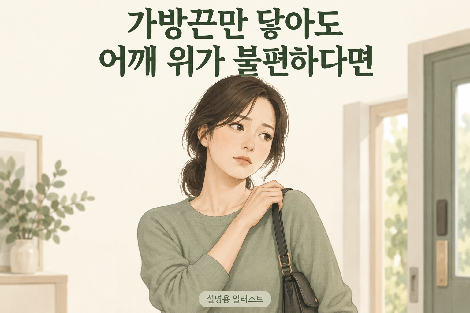 가방끈이 닿는 어깨 위쪽의 불편도 살펴봅니다 · 설명용 일러스트