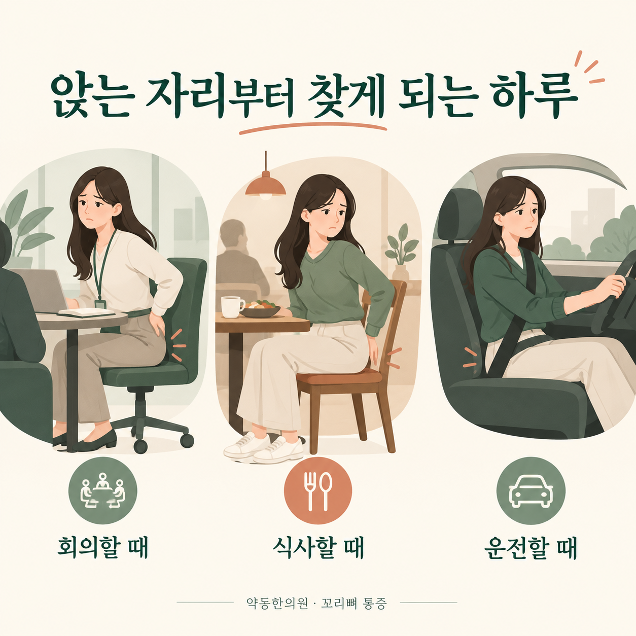 회의·식사·운전에서 느끼는 앉기 불편 · 설명용 일러스트