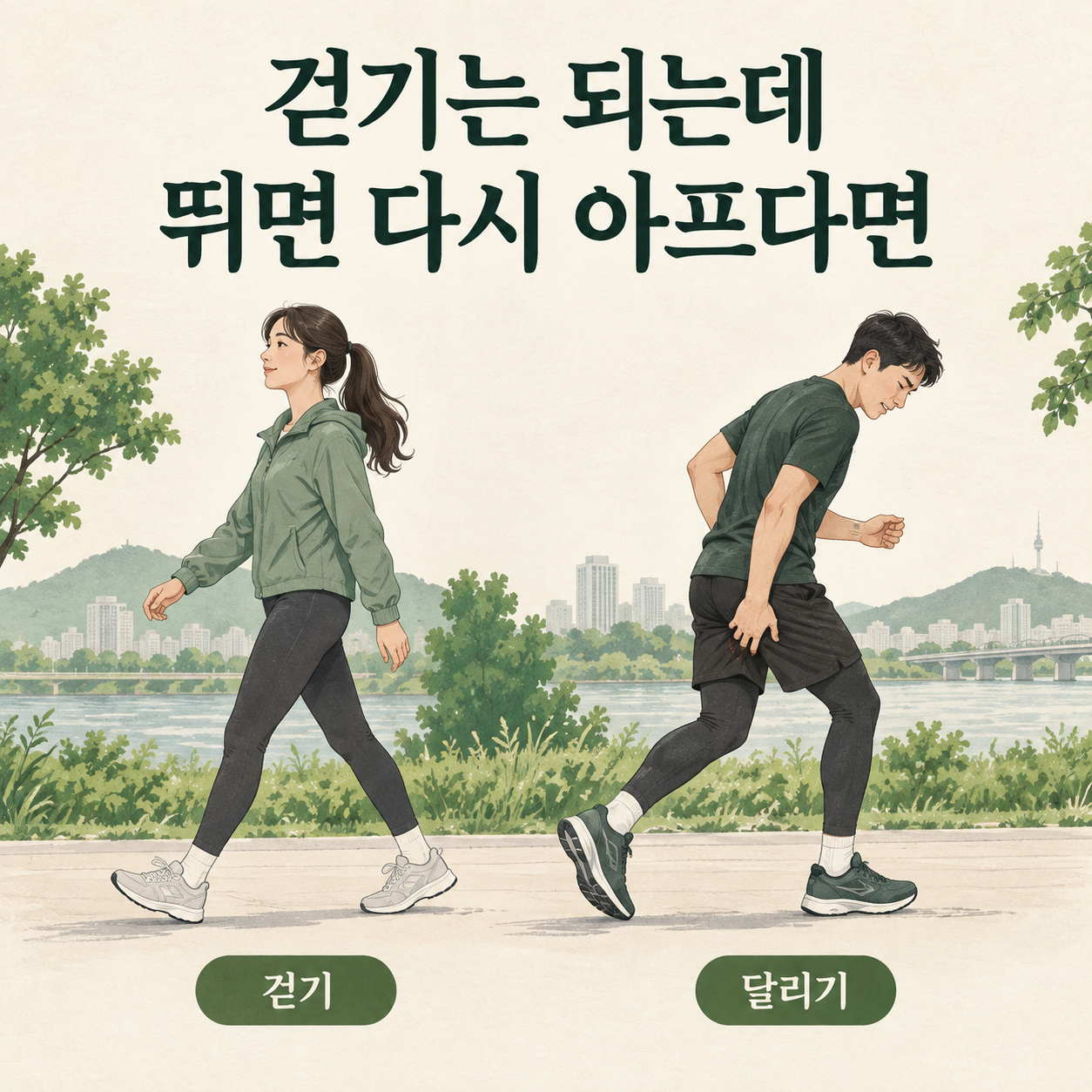 걷기와 달리기에서의 불편을 나누어 살핍니다 · 설명용 일러스트