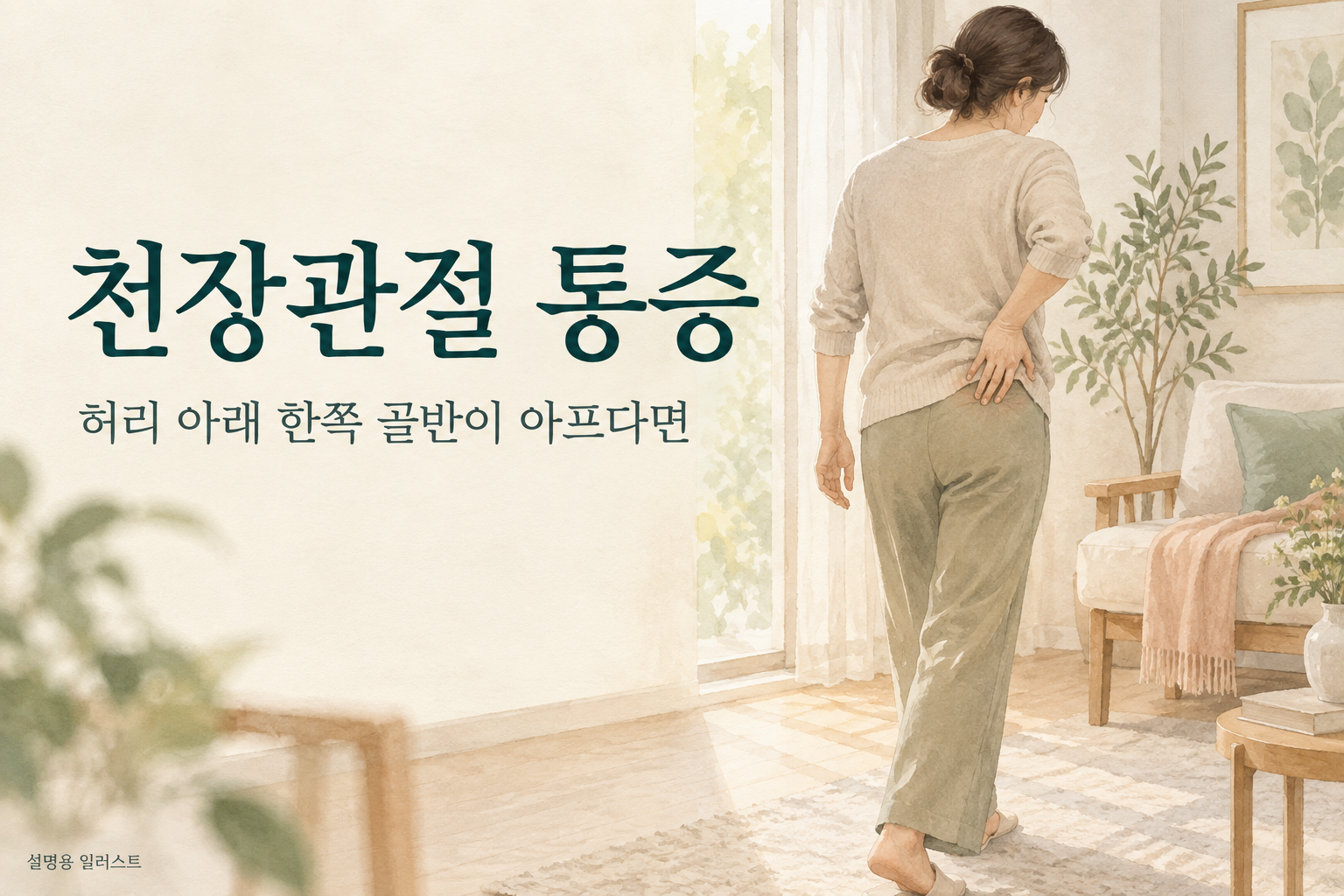 허리 아래 한쪽 뒤골반 통증을 이야기하는 생활 장면 · 설명용 일러스트