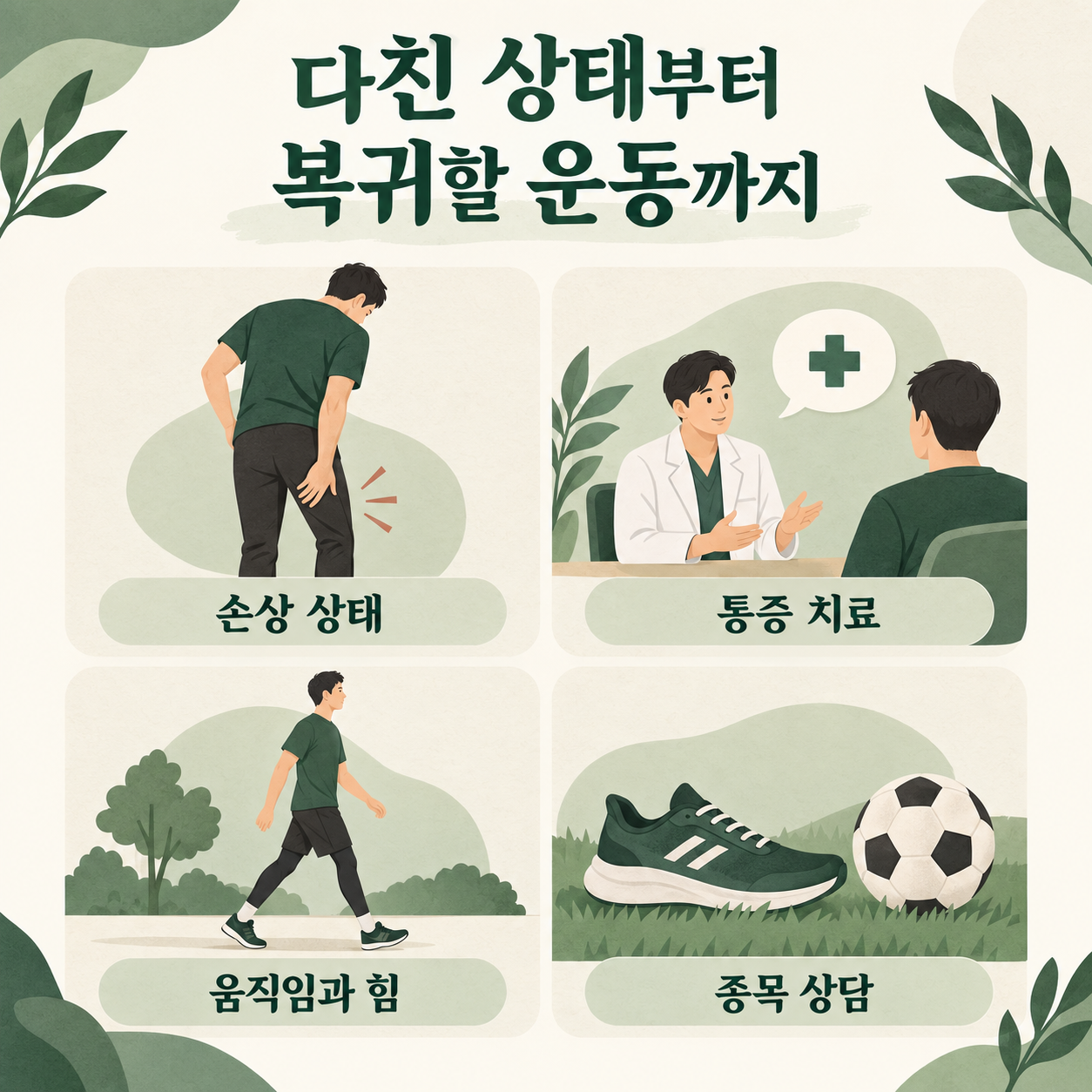 통증 관리와 운동 복귀를 함께 상담합니다 · 설명용 일러스트