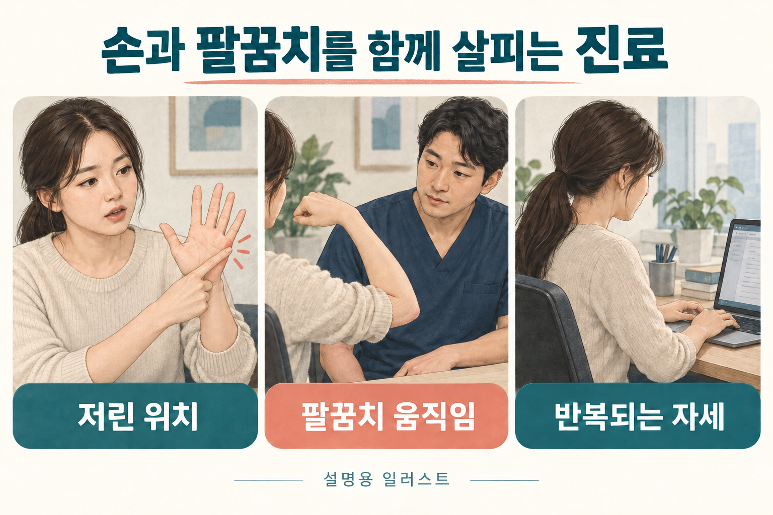 저린 위치와 손의 감각·힘, 팔을 쓰는 방식을 함께 상담합니다 · 설명용 일러스트