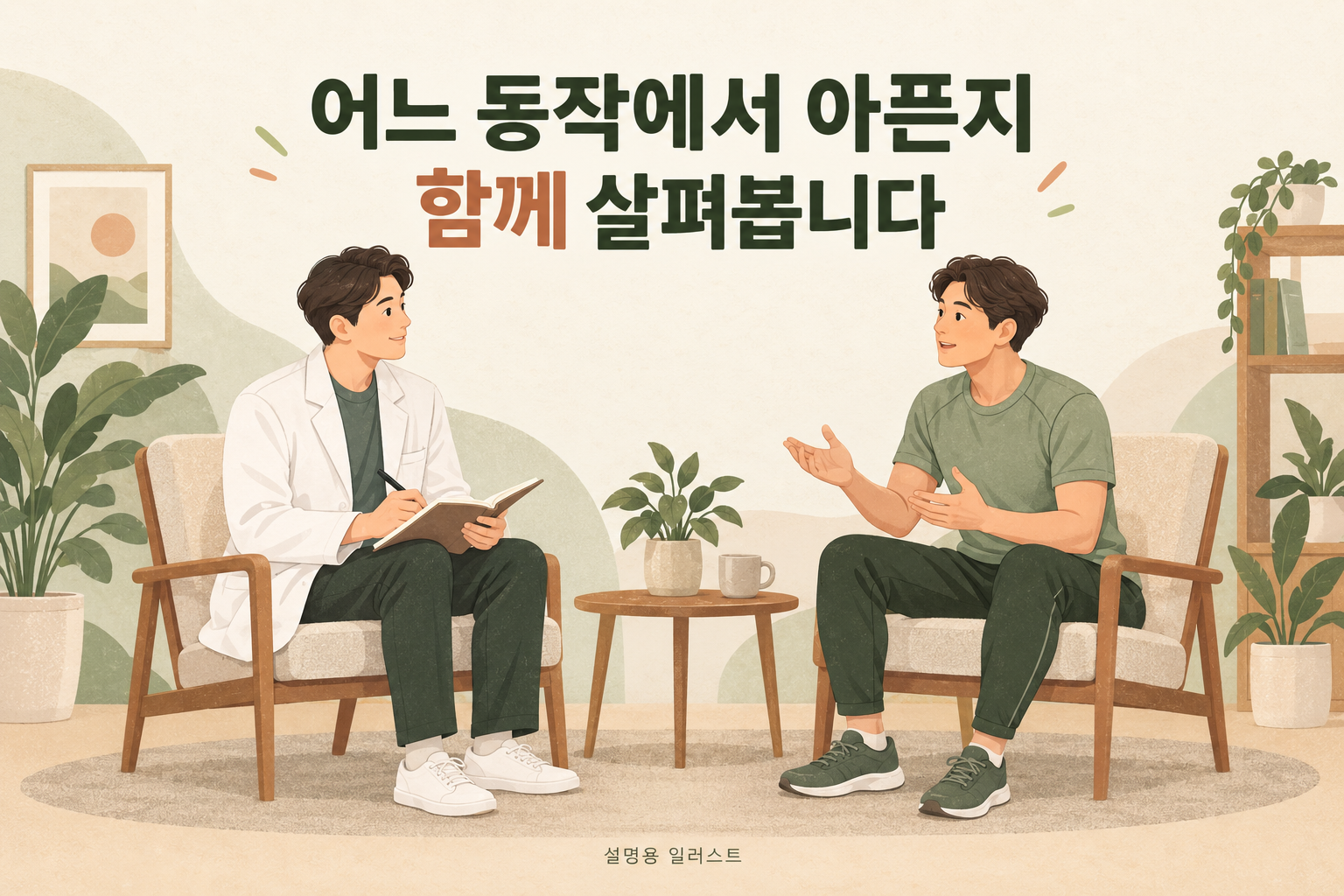 통증이 시작된 동작과 현재 움직임을 함께 상담합니다 · 설명용 일러스트