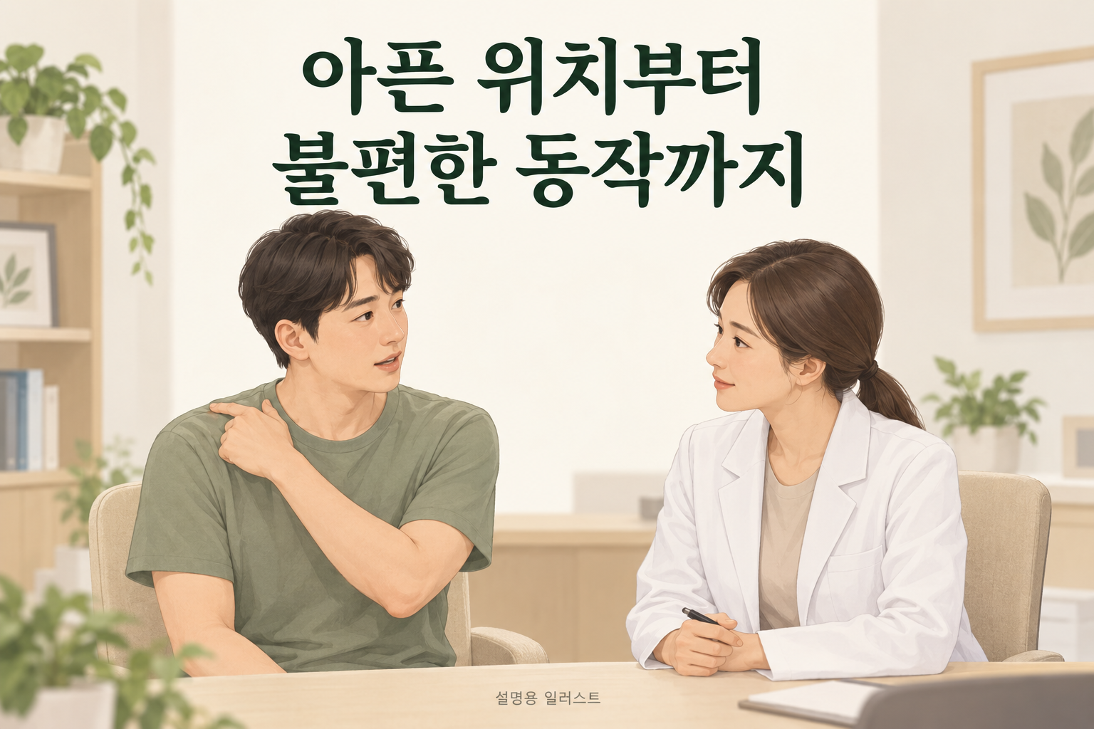 아픈 위치와 평소 불편한 동작을 함께 상담합니다 · 설명용 일러스트