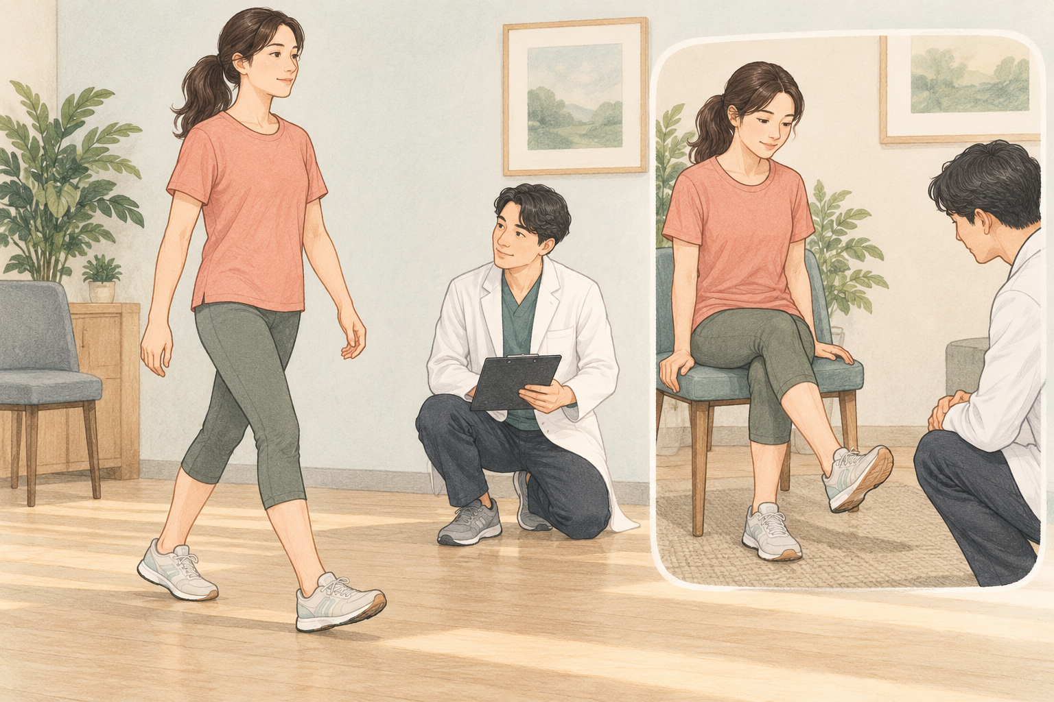 걸음과 다리 움직임을 상담하는 장면 · 설명용 일러스트