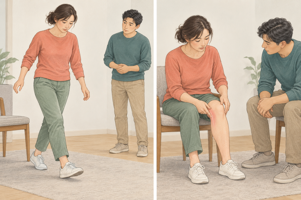 걸음과 무릎 안쪽 불편을 설명하는 가상 상담 장면 · 설명용 일러스트