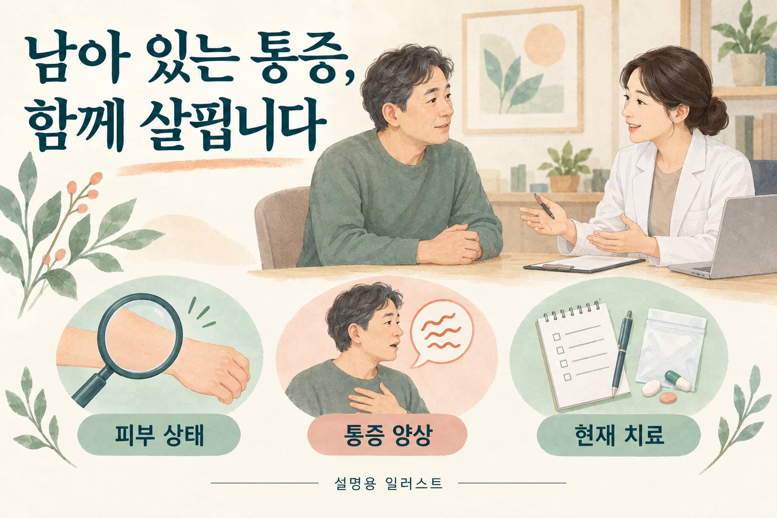 피부 상태와 통증 양상, 수면과 생활의 불편을 함께 살핍니다 · 설명용 일러스트