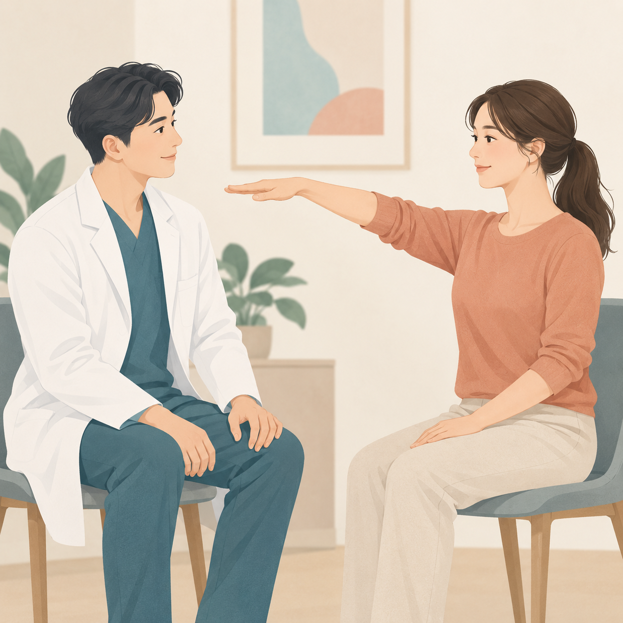 팔 움직임과 불편한 동작을 상담하는 장면 · 설명용 일러스트
