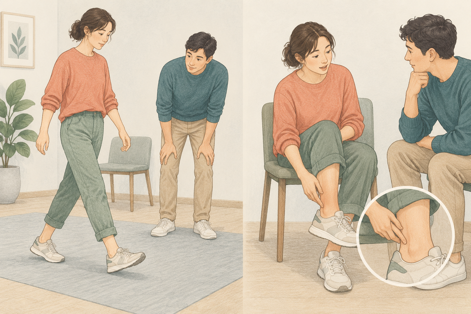 걸음과 불편한 동작을 이야기하는 가상 장면 · 설명용 일러스트