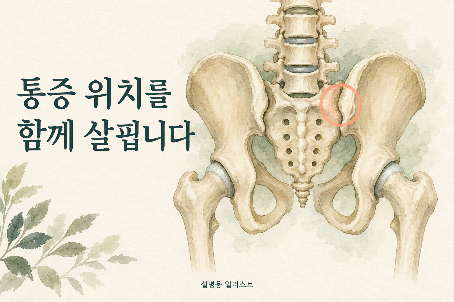 천골과 골반뼈가 만나는 천장관절의 위치 · 설명용 일러스트