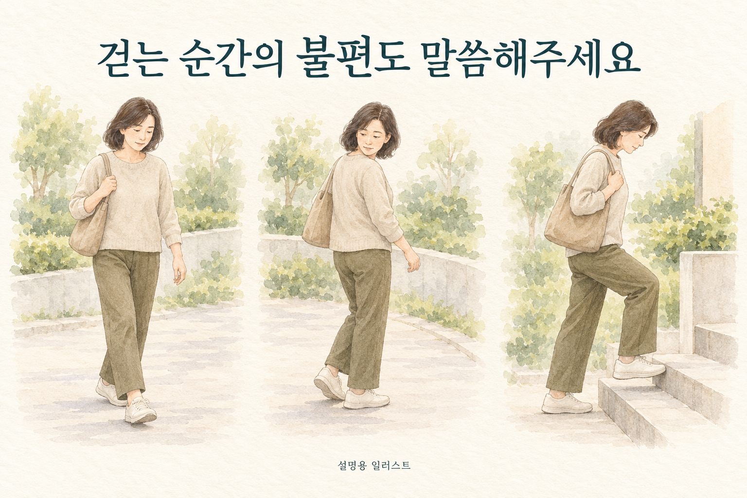 걷기·방향 전환·계단에서 불편한 순간을 상담하는 장면 · 설명용 일러스트
