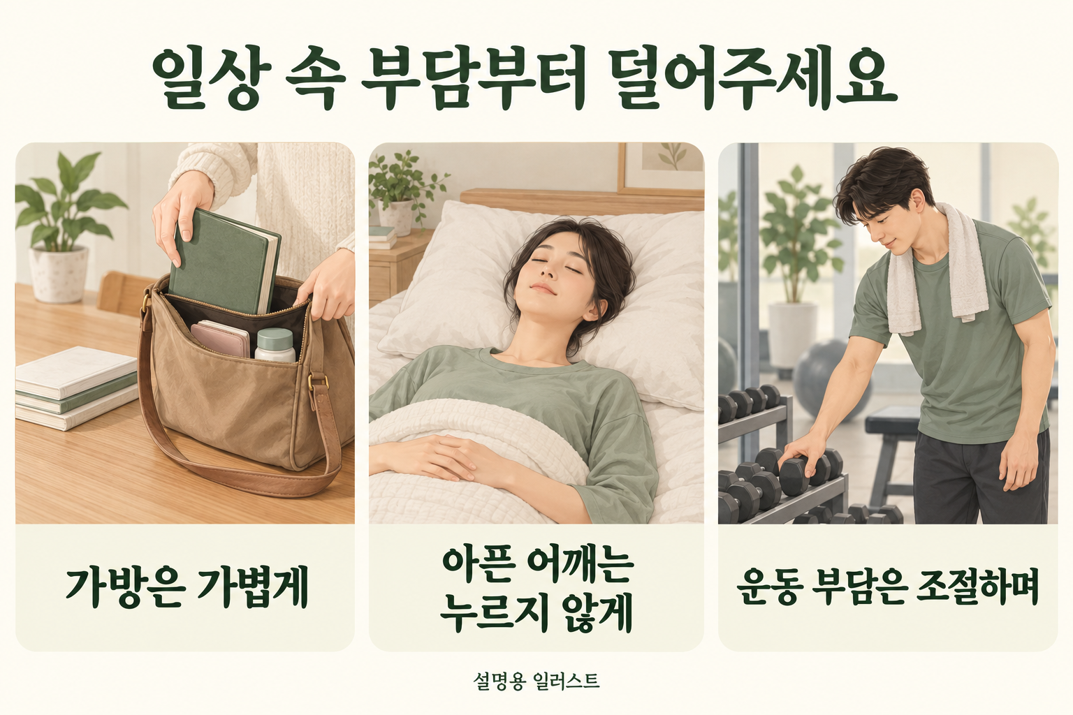 가방 무게와 팔 쓰는 범위, 활동량을 상태에 맞게 조절합니다 · 설명용 일러스트