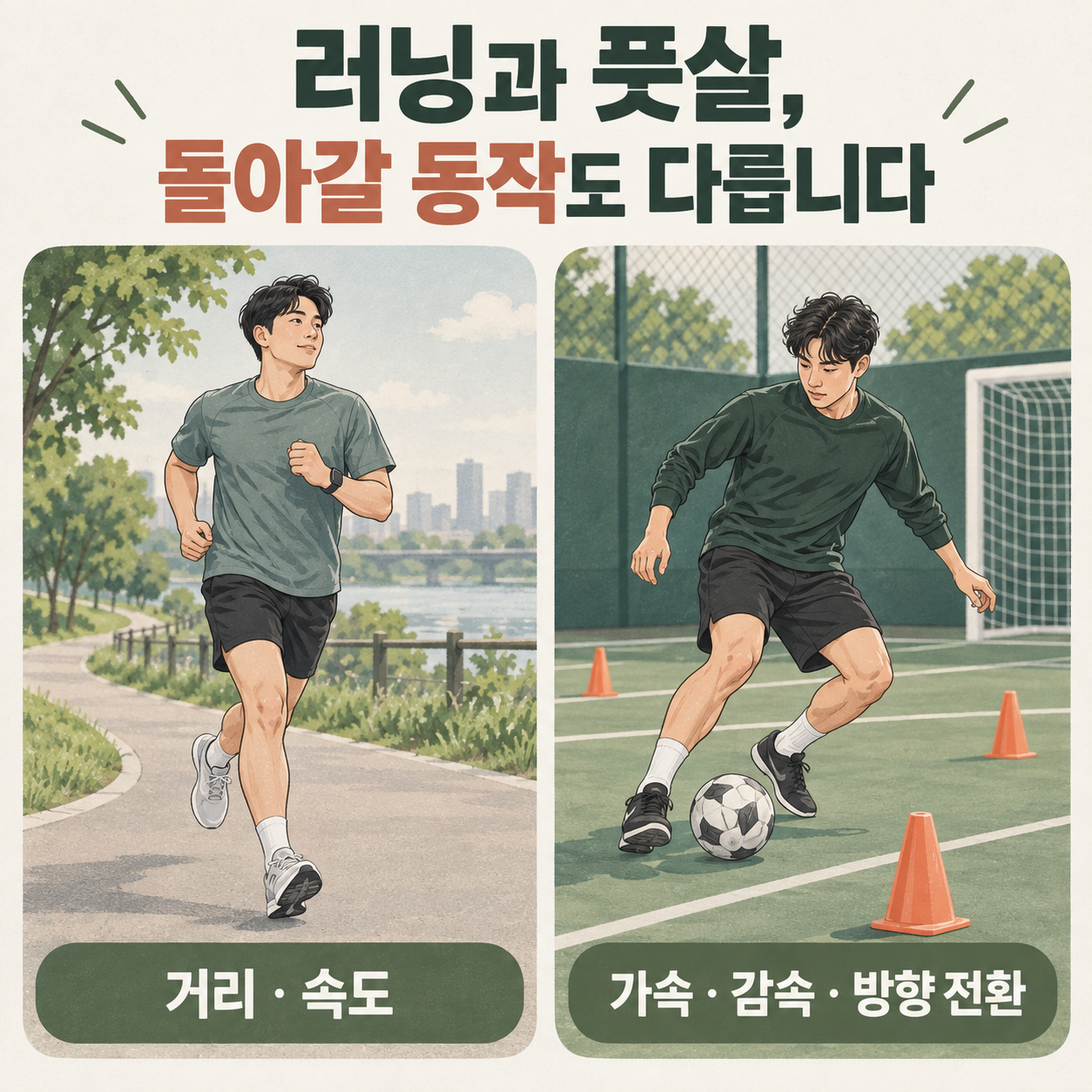 러닝과 풋살의 복귀 목표에 맞춰 동작을 확인합니다 · 설명용 일러스트