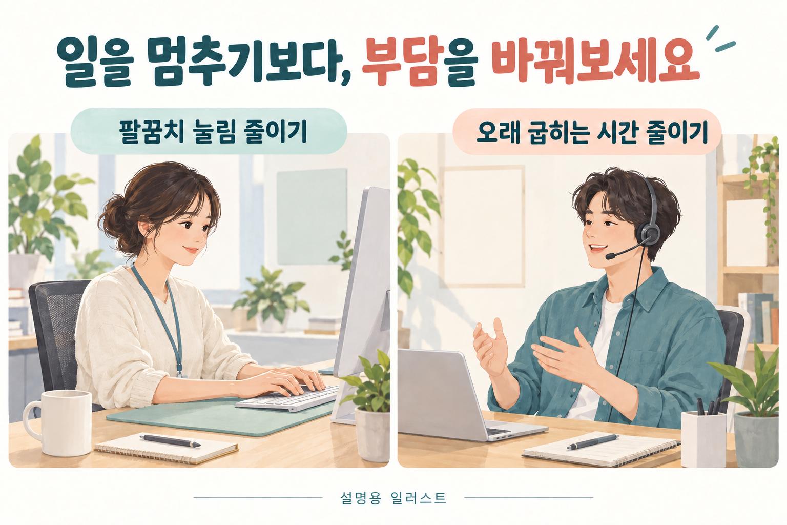 팔꿈치에 오래 가해지는 압박과 업무 자세를 조절합니다 · 설명용 일러스트