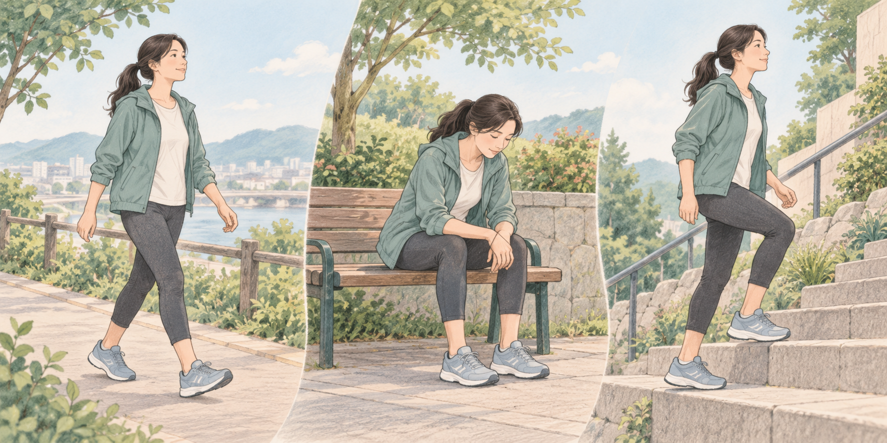 걷기와 계단 등 일상 활동의 부담을 조절하는 선택지 · 설명용 일러스트