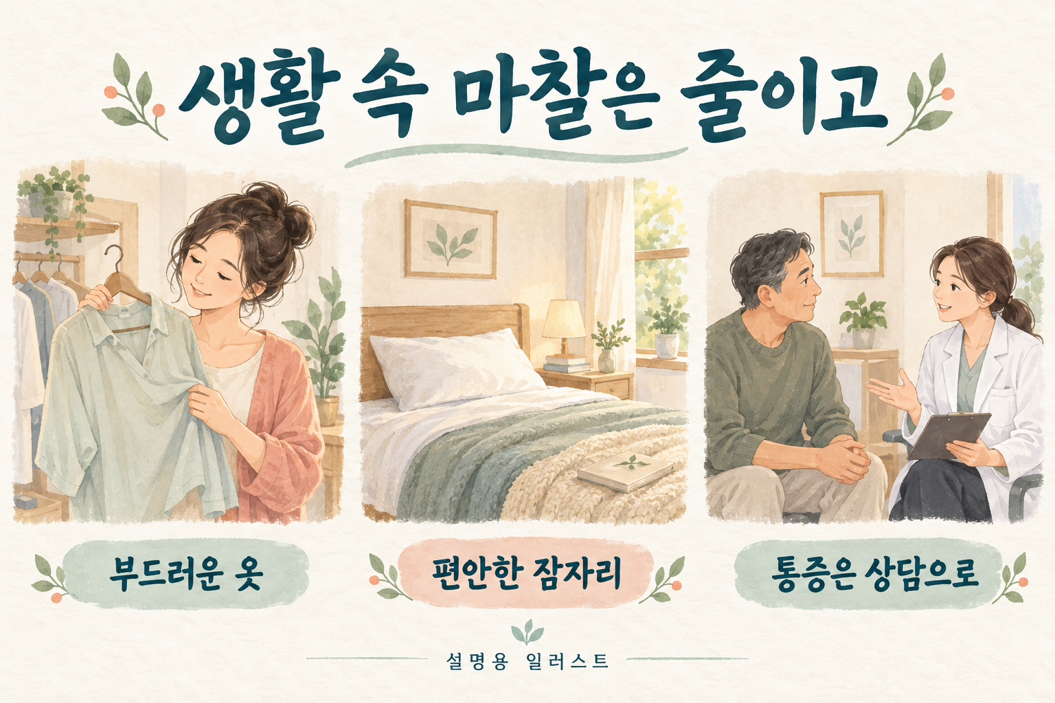 피부에 닿는 마찰을 줄이고 편안한 일상을 위한 방법을 상담합니다 · 설명용 일러스트