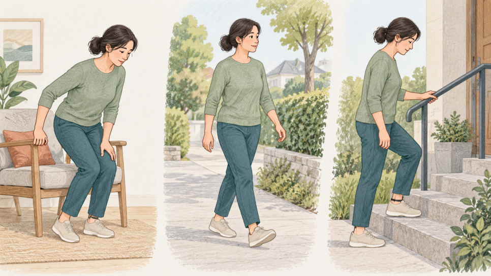 의자·걷기·계단은 상태에 따라 각각 살피는 활동 예시입니다. 순서대로 따라 할 운동 처방은 아닙니다 · 설명용 일러스트